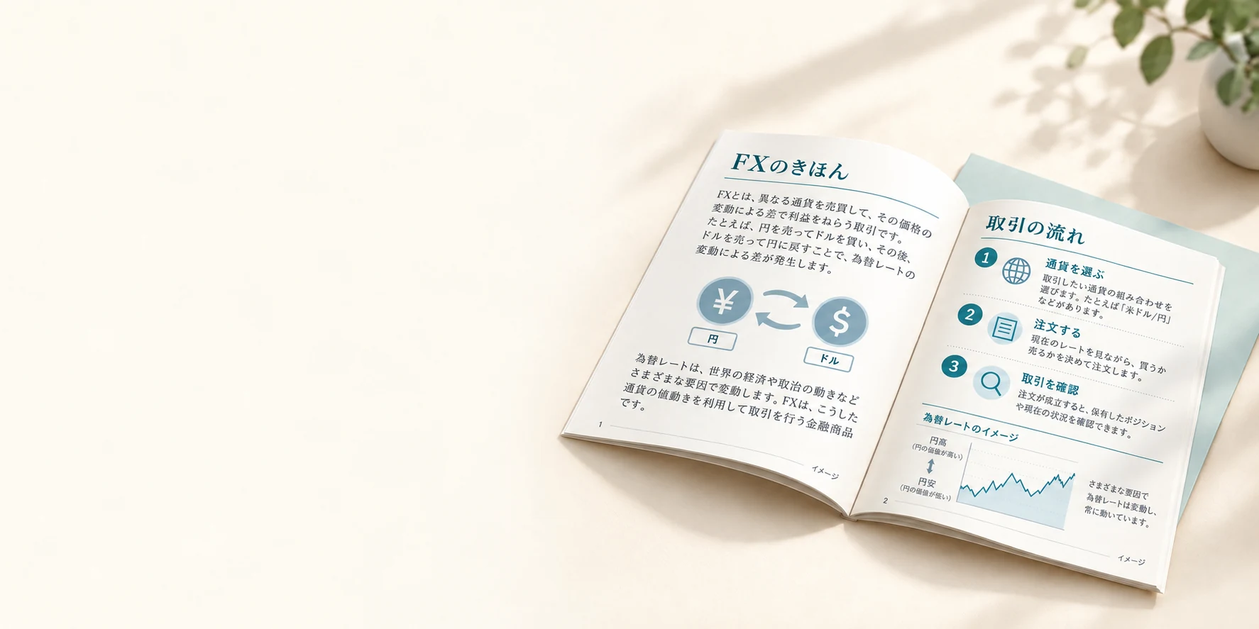 FXの解説や通貨交換の図を載せた冊子のイメージ